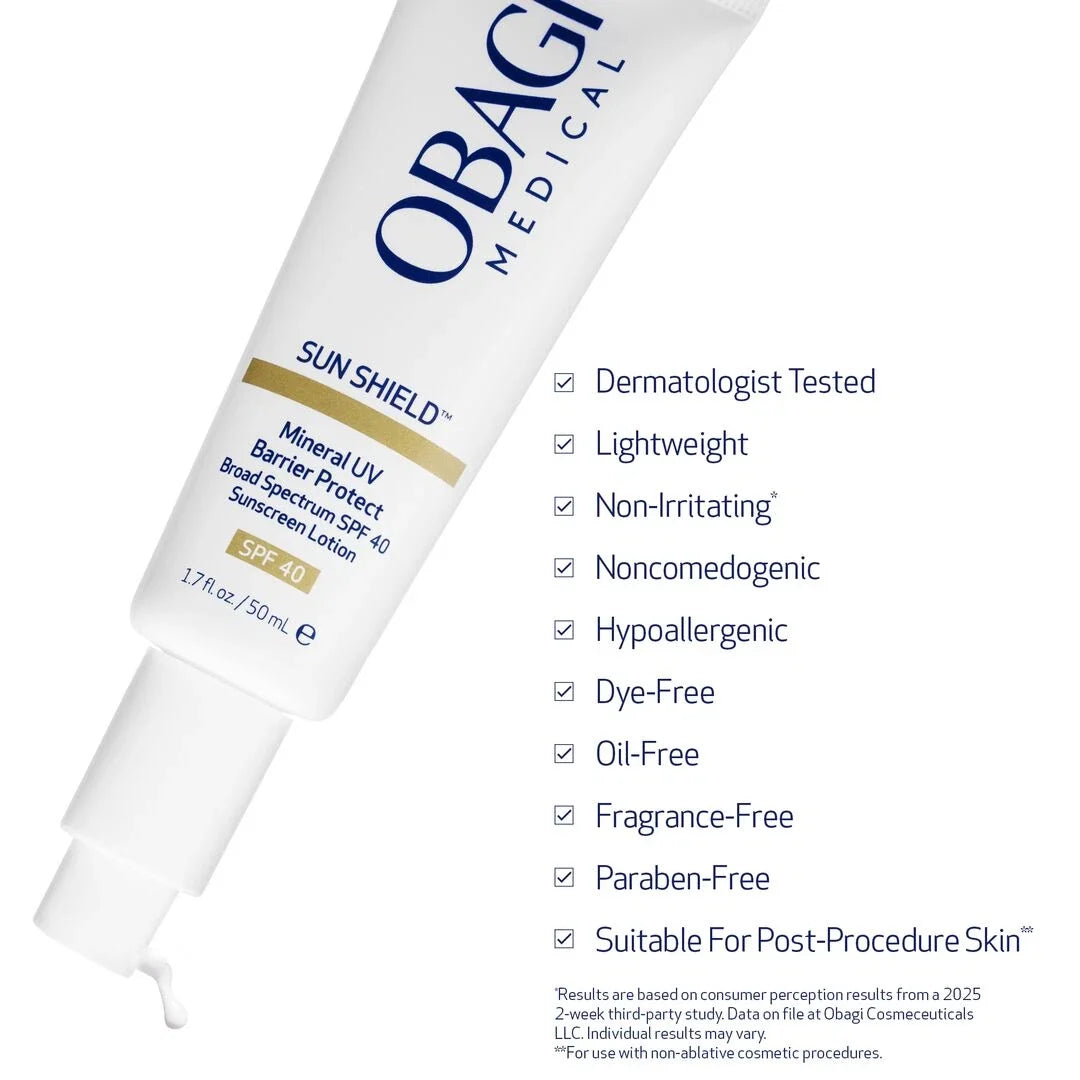 Obagi Medical Sun Shield sunscreen lotion with features listed on a white background