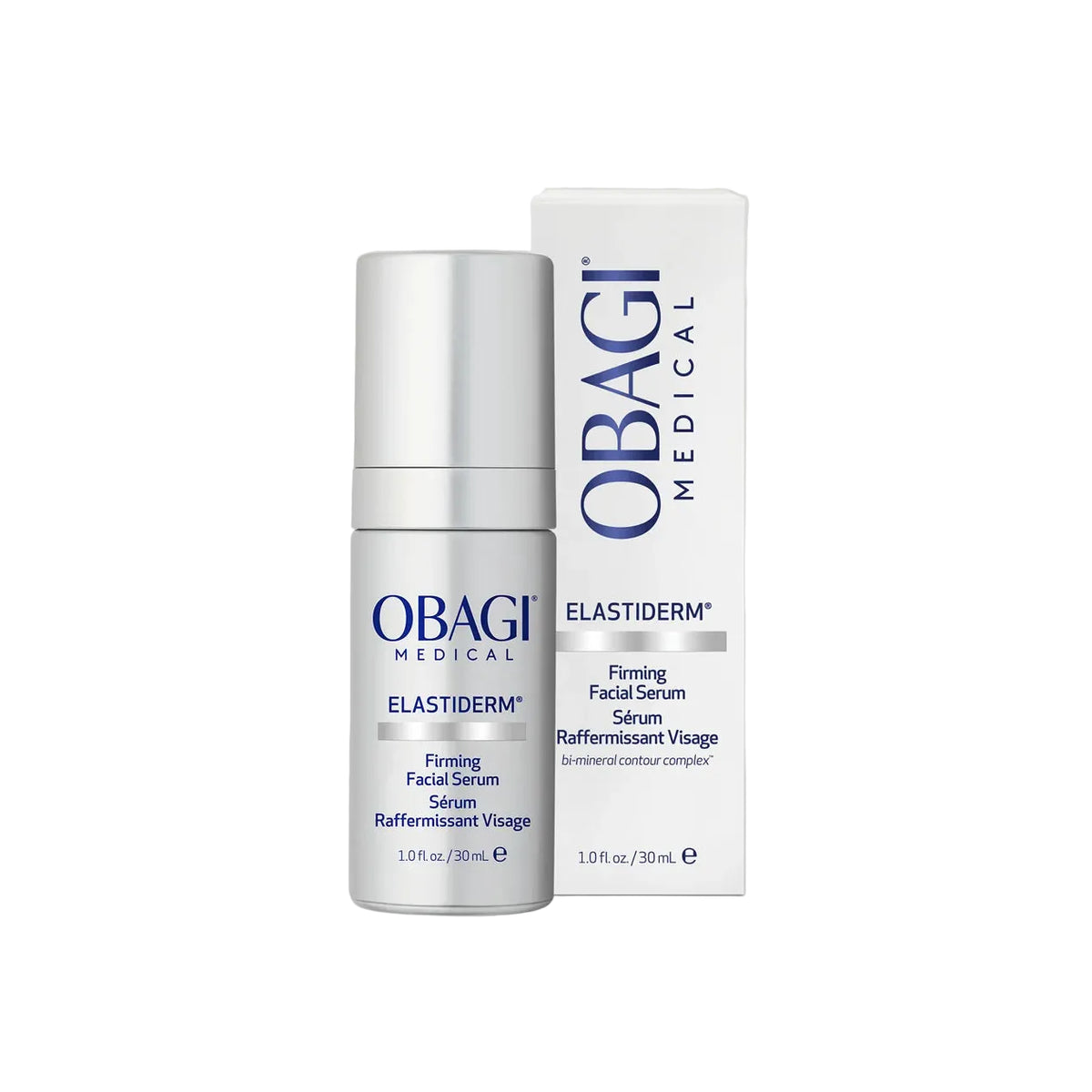 Obagi Medical Elastiderm Firming Facial Serum in a silver pump bottle next to its white and blue retail box, set against a solid light gray background.