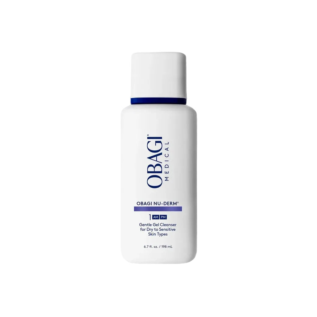 Obagi Nu-Derm Gentle Gel Cleanser bottle on a light gray background