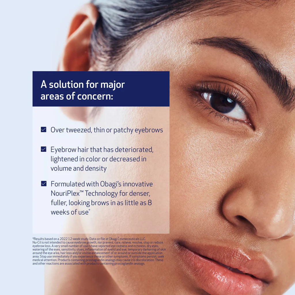 Close-up of a woman's face with eyebrow-focused text overlay reading 'A solution for major areas of concern:' and bullet points about eyebrow treatment. The image appears promotional or informational rather than a clean product shot.