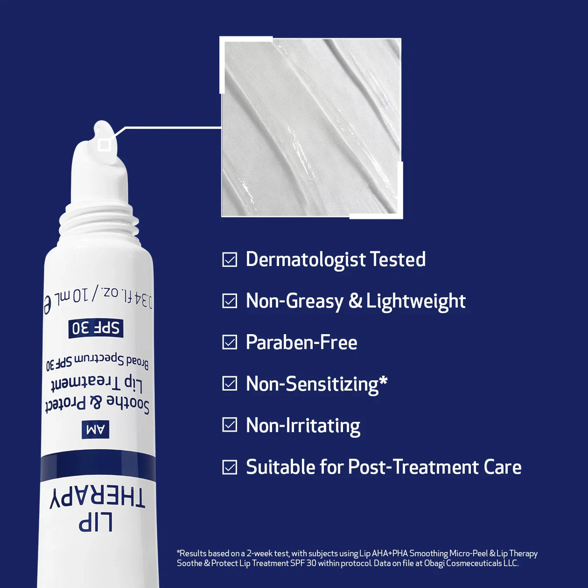 Lip treatment spray with product details on a blue background