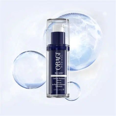 Obagi Cellular Renewal Serum in a clear cylindrical bottle with a dark navy blue pump and label, centered against a pale blue-white background with translucent bubble graphics.