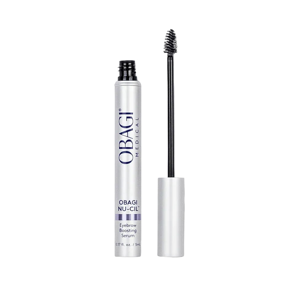 Obagi Nu-Cil eyebrow serum with applicator on a white background