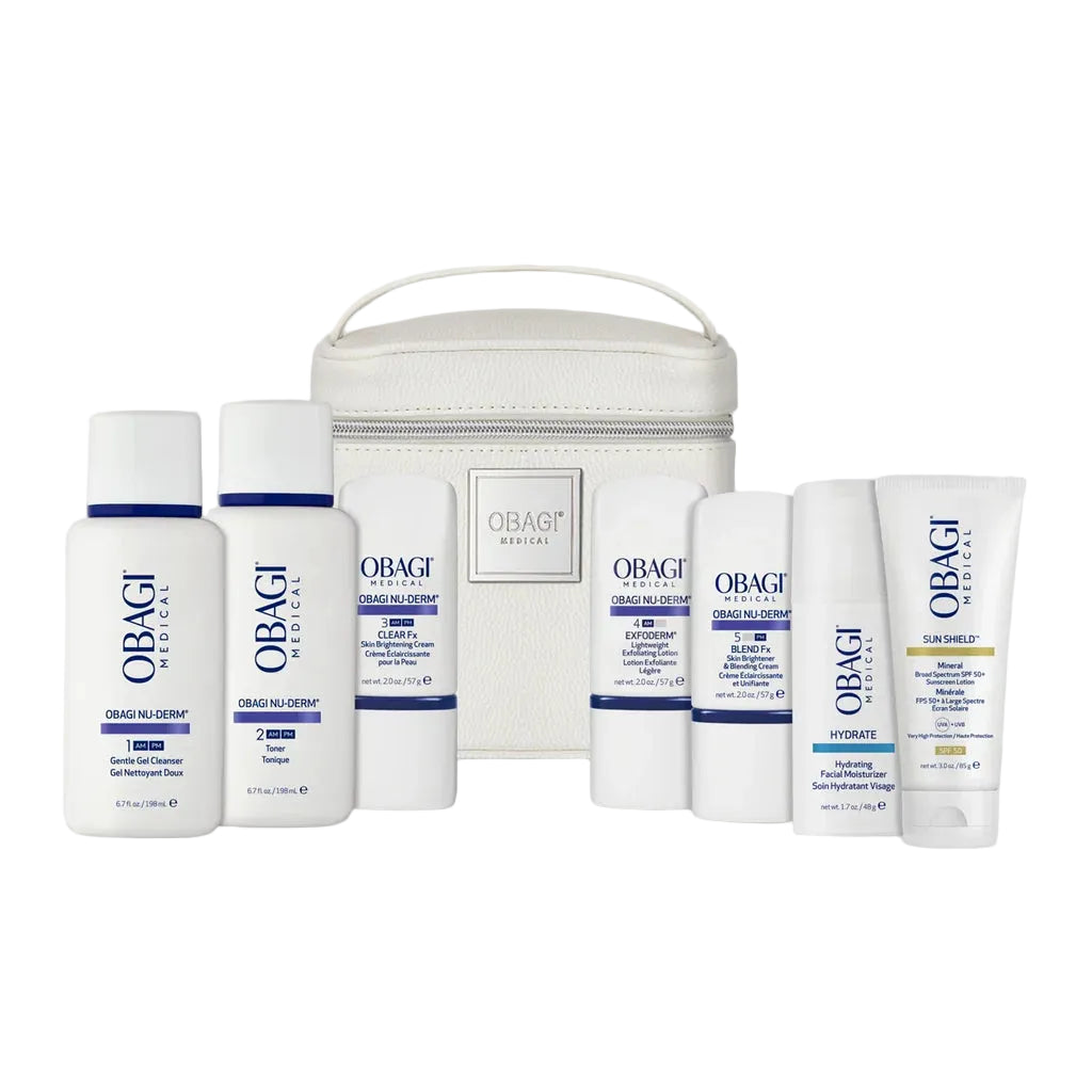 Obagi skincare products with a white travel bag on a light gray background