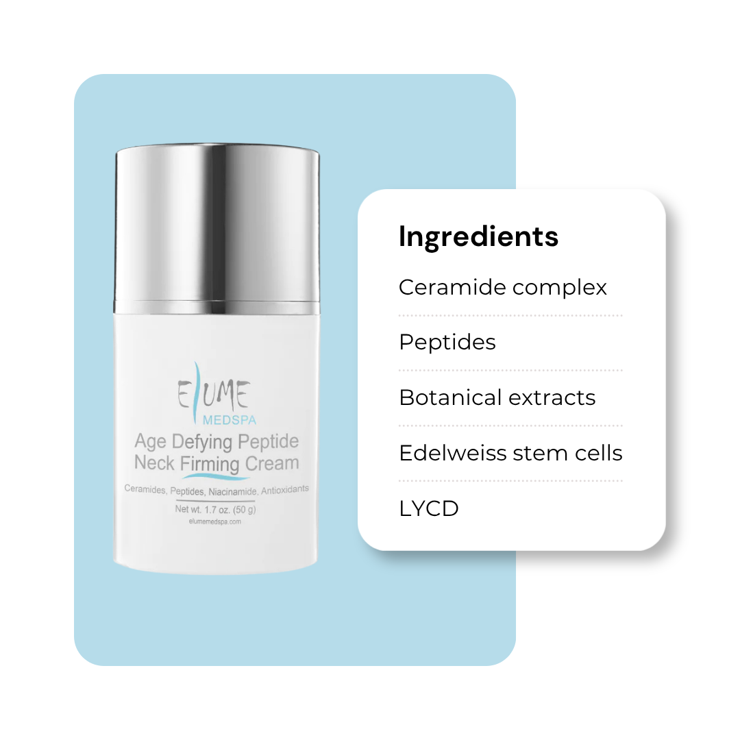 Key ingredients in Elume Neck Firming Cream: biomimetic ceramides, peptides, niacinamide, and edelweiss stem cell extract