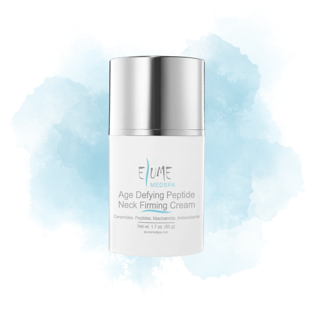 Age Defying Peptide Neck Firming Cream shown with its Elume Medspa box packaging