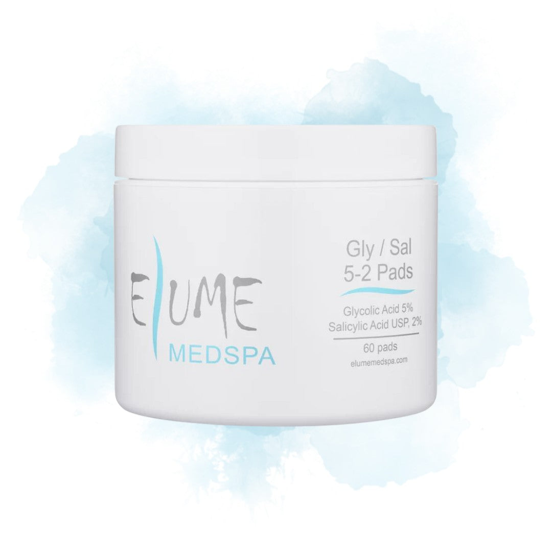 Elume Medspa Gly / Sal 5-2 exfoliating pads in a white jar for acne-prone skin with glycolic and salicylic acid.