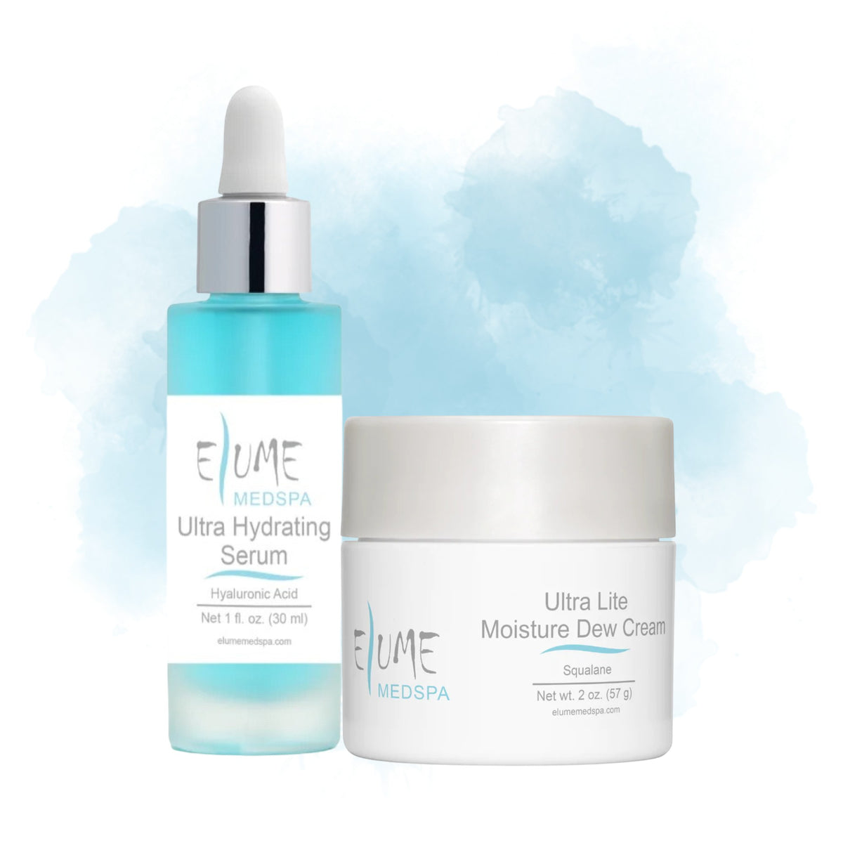 Elume Medspa Ultra Hydrating Bundle featuring a blue hyaluronic acid serum bottle and a white moisture cream jar.