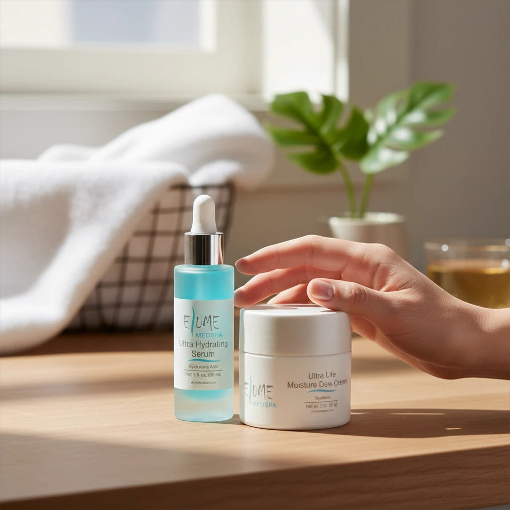 Elume Medspa Ultra Hydrating Bundle with serum and moisture cream on a wooden table with a hand reaching for them.