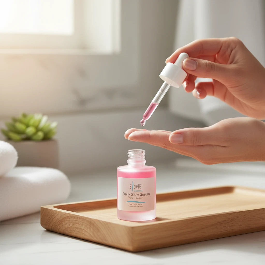 Elume Medspa Lactic Acid Resurfacing Serum in a pink glass bottle with a dropper being applied to a hand