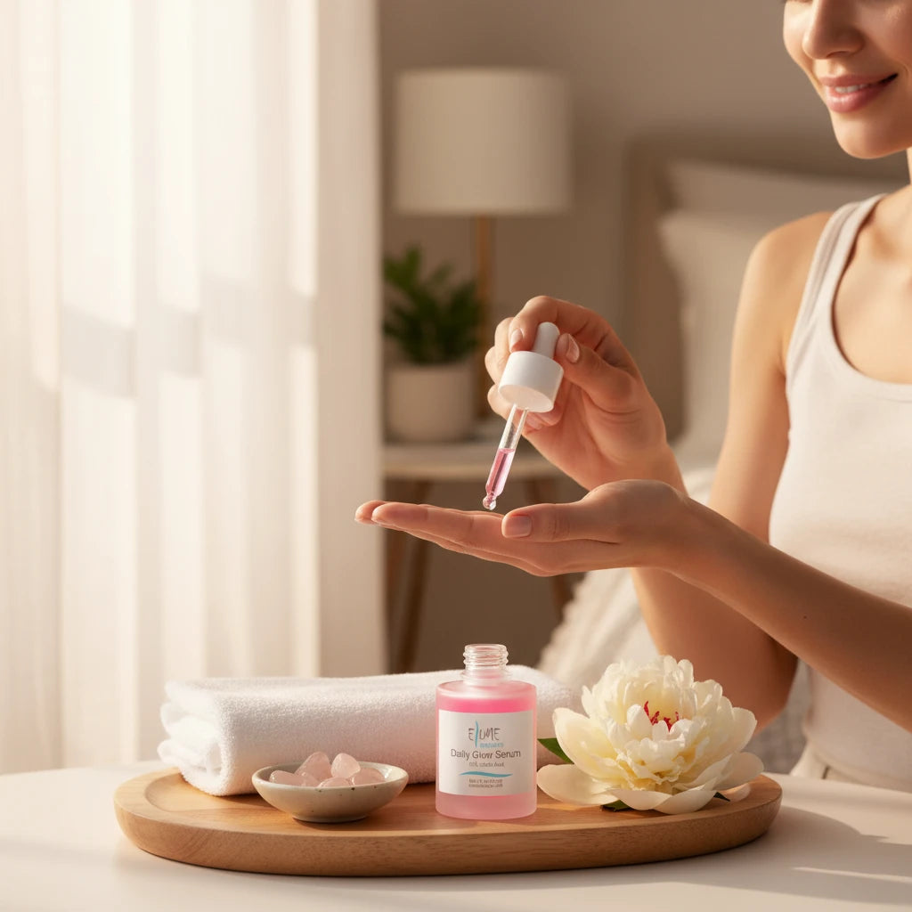 Elume Medspa Lactic Acid Resurfacing Serum in a pink glass bottle with dropper, held by a woman in a bright room.