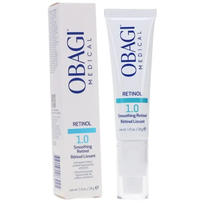 Elume Medspa Obagi Retinol 1.0 anti-aging serum in white tube and matching box packaging.