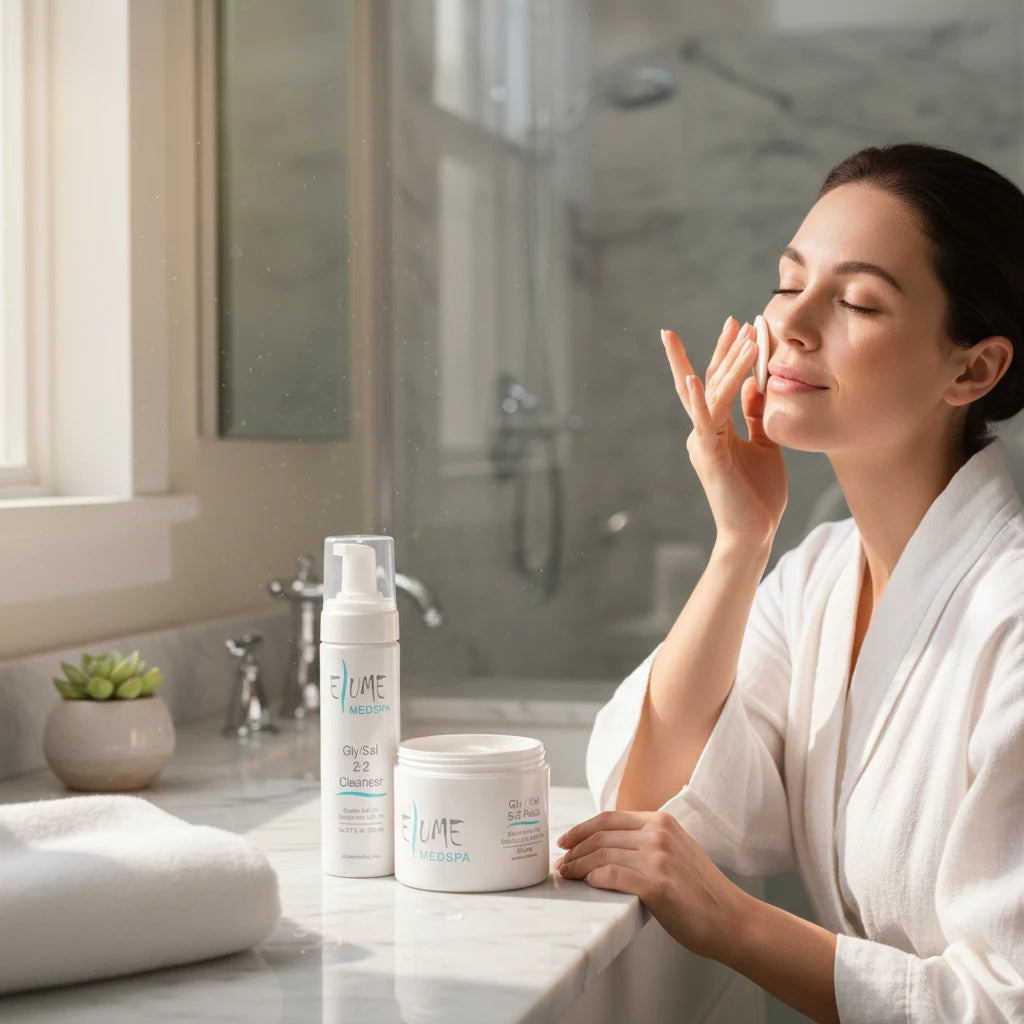 Woman in white robe using Elume Medspa Gly/Sal pads on her face next to the Porefect Pair Bundle skincare set.