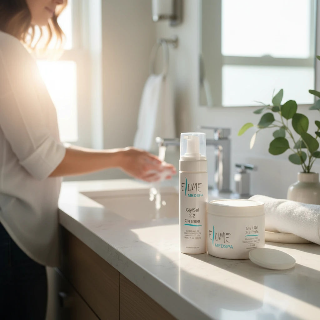Elume Medspa Porefect Pair Bundle with Gly/Sal cleanser and exfoliating pads on a bathroom vanity