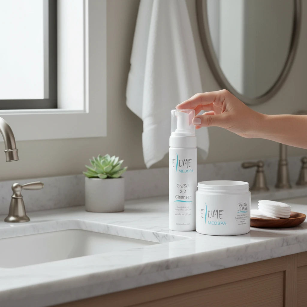 Elume Medspa Porefect Pair Bundle featuring Gly/Sal 2-2 Cleanser and 5-2 Pads on a marble bathroom vanity.