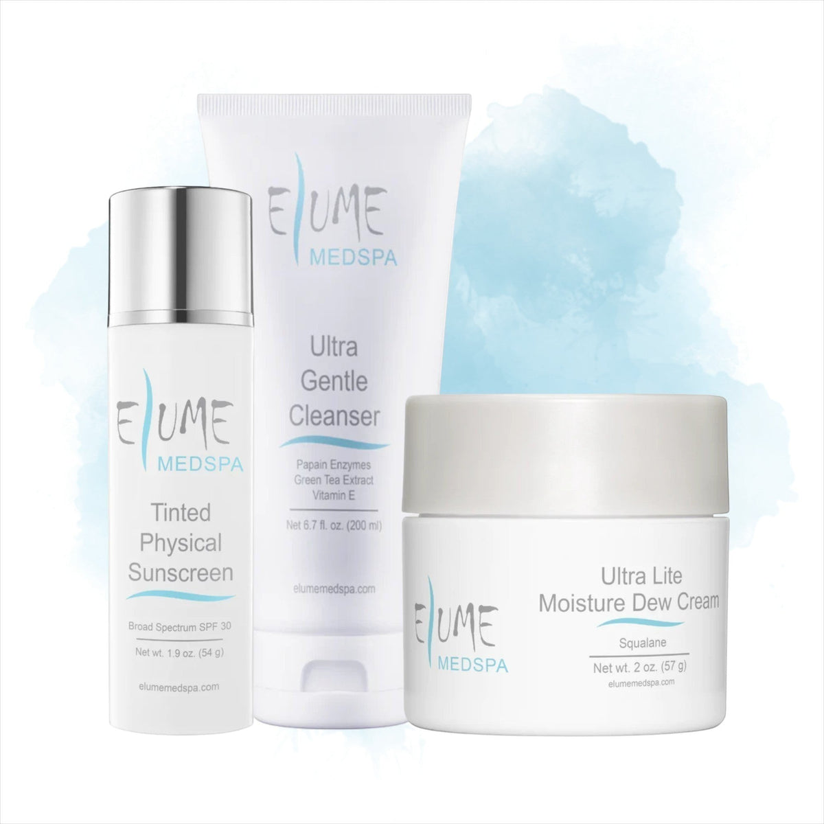 Elume Medspa Everyday Essentials Bundle featuring a gentle cleanser, moisture cream, and tinted mineral sunscreen.