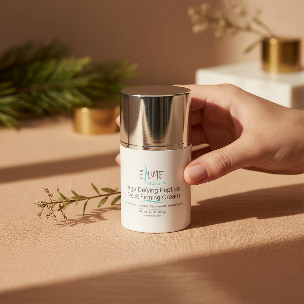 Age Defying Peptide Neck Firming Cream styled on a cream vanity in soft morning light
