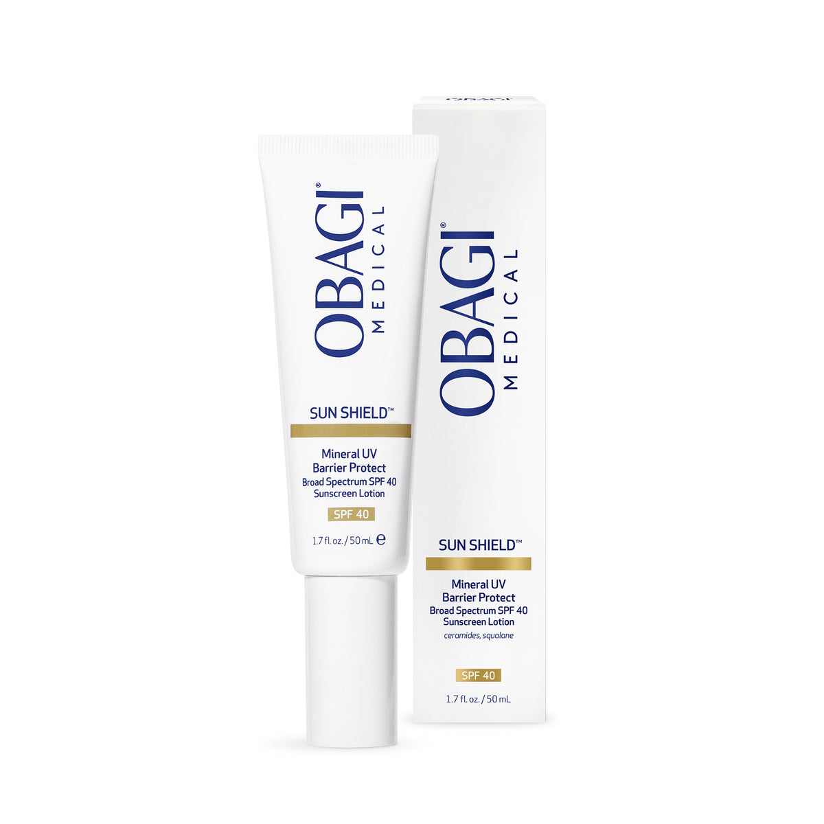 A white tube of Obagi Medical Sun Shield Mineral UV Barrier Protect Broad Spectrum SPF 40 Sunscreen Lotion stands next to its matching white packaging box on a clean white background.