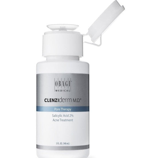 A white bottle of Obagi Medical Clenzderm MD+ Pore Therapy Salicylic Acid 2% Acne Treatment with its cap open, shown on a clean white background.