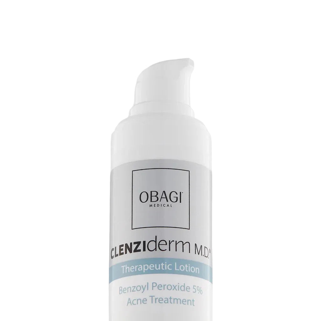 Obagi Clenziderm M.D. Therapeutic Lotion bottle on a light gray background