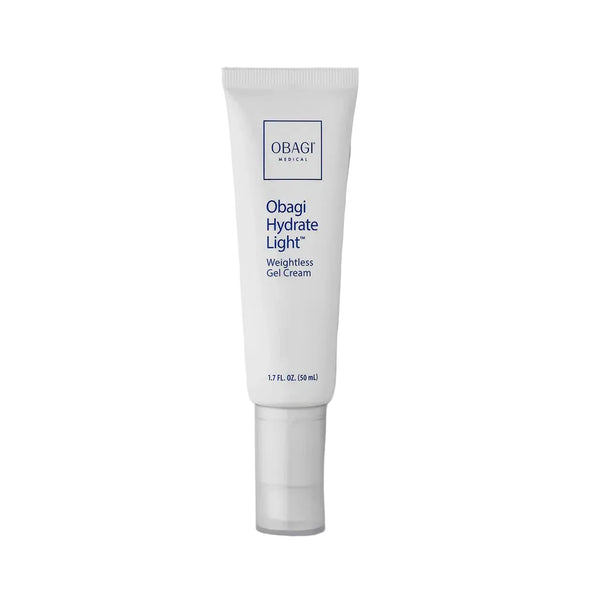 A white squeeze tube of Obagi Hydrate Light Weightless Gel Cream with blue text, centered on a light gray background with a soft shadow.