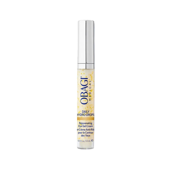 Obagi Medical Daily Hydro-Drops rejuvenating eye gel cream in a clear tube with a silver cap, shown on a white background.