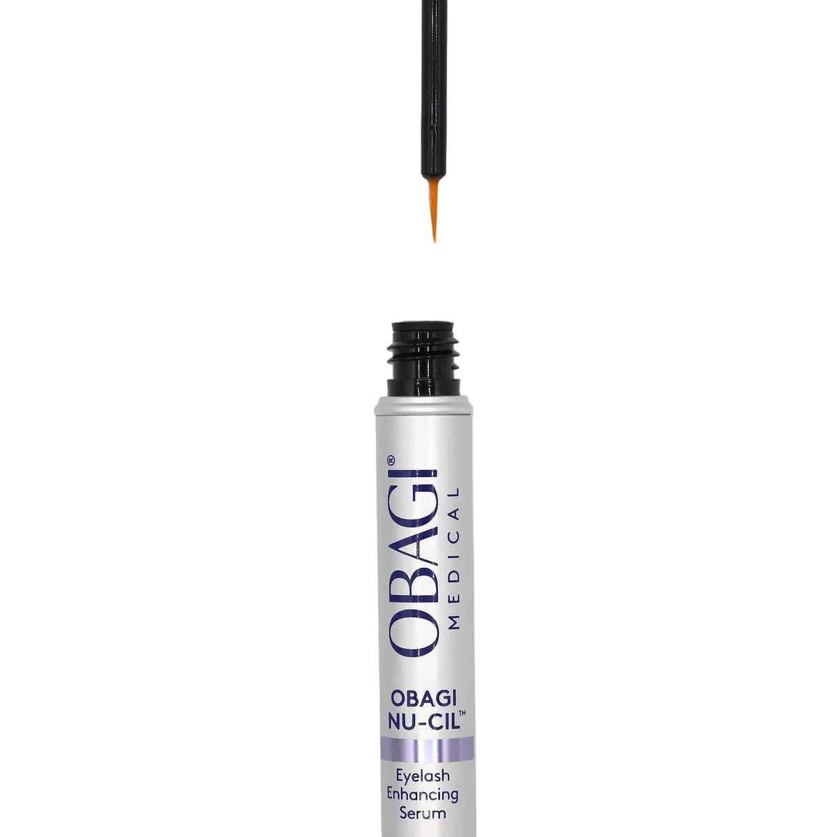 A close-up of an Obagi Medical eyelash serum tube with its applicator wand hovering above, set against a solid light gray background.
