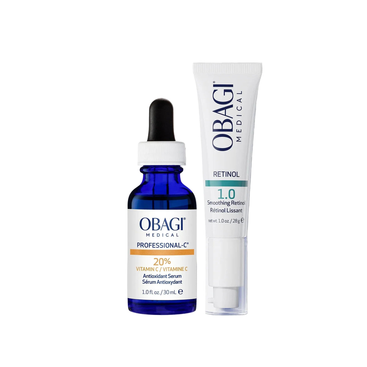 Obagi skincare serum and tube on a light gray background