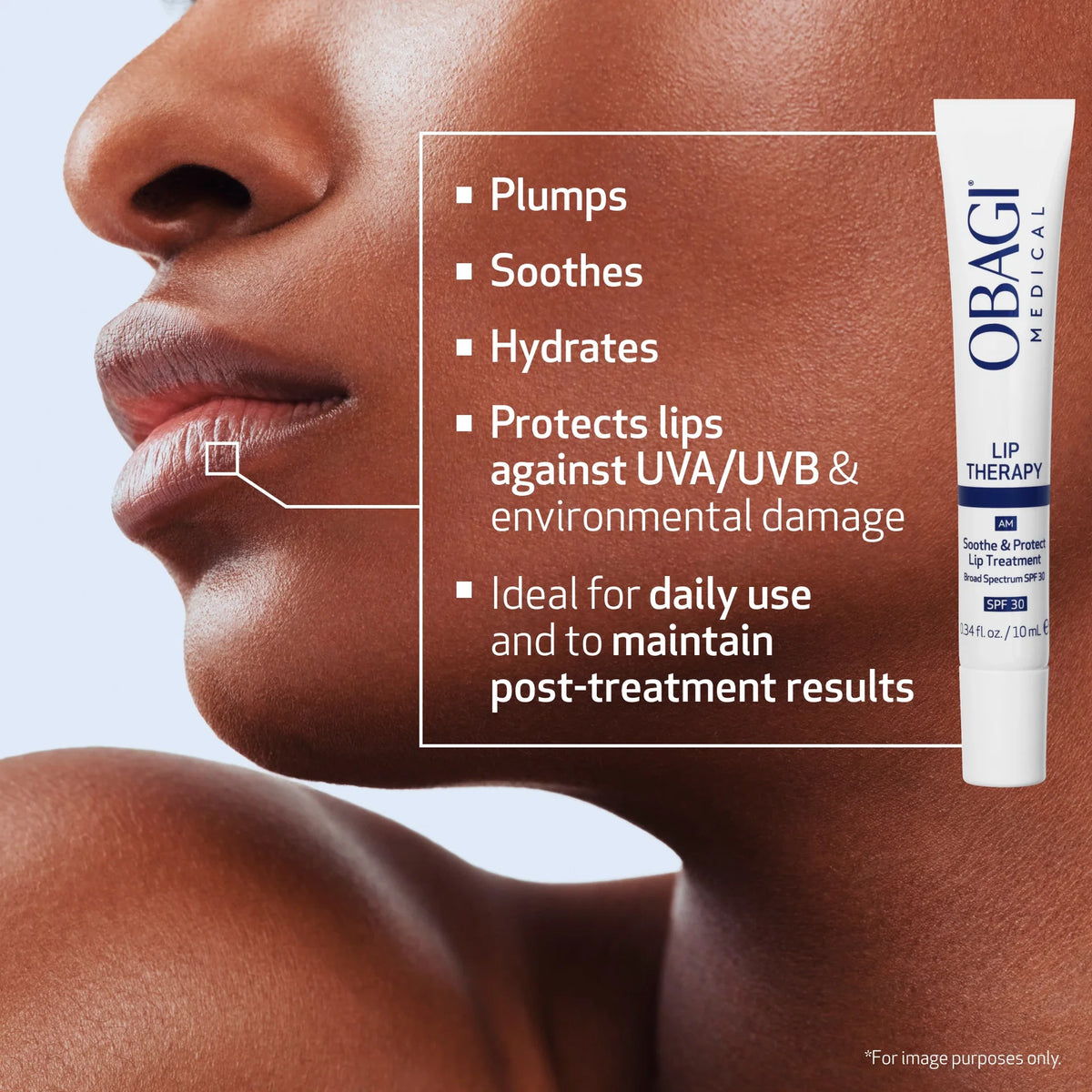 Obagi lip therapy product with a close-up of a person's lips and skin, highlighting product benefits.