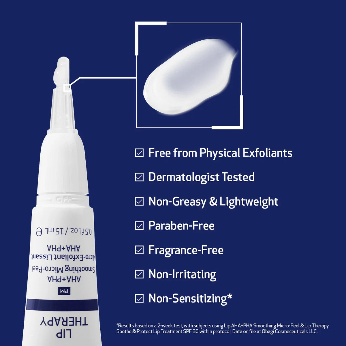 Lip treatment product with features listed on a blue background