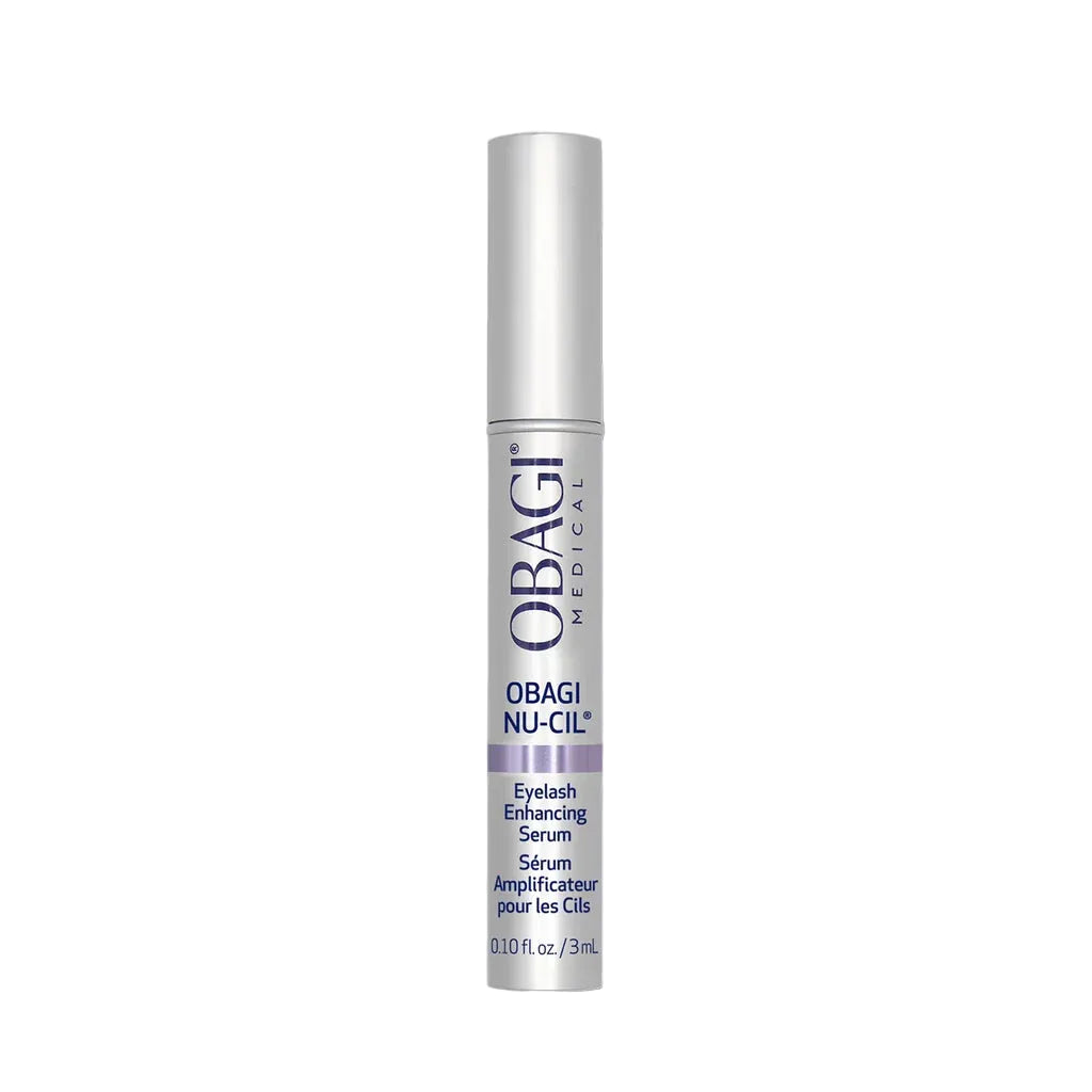 Obagi Nu-Cil eyelash enhancing serum bottle on a gray background