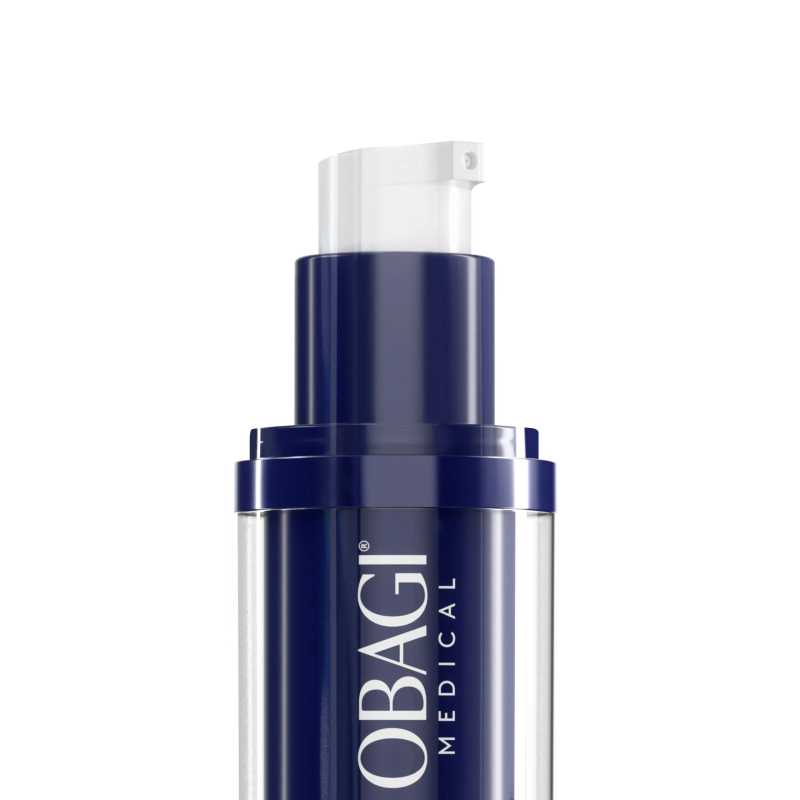 A close-up of an OBAGI MEDICAL skincare pump bottle with a dark navy blue and clear cylindrical body, featuring the brand name in white text and a white pump dispenser on a solid white background.