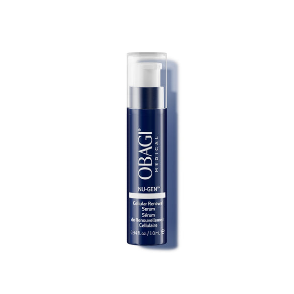 Obagi Medical Nu-Gen Cellular Renew Serum in a dark blue cylindrical pump bottle with a clear cap, shown on a white background with a soft shadow.