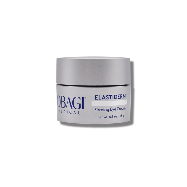 A silver cosmetic jar of Obagi Medical Elastiderm Firming Eye Cream on a white background.