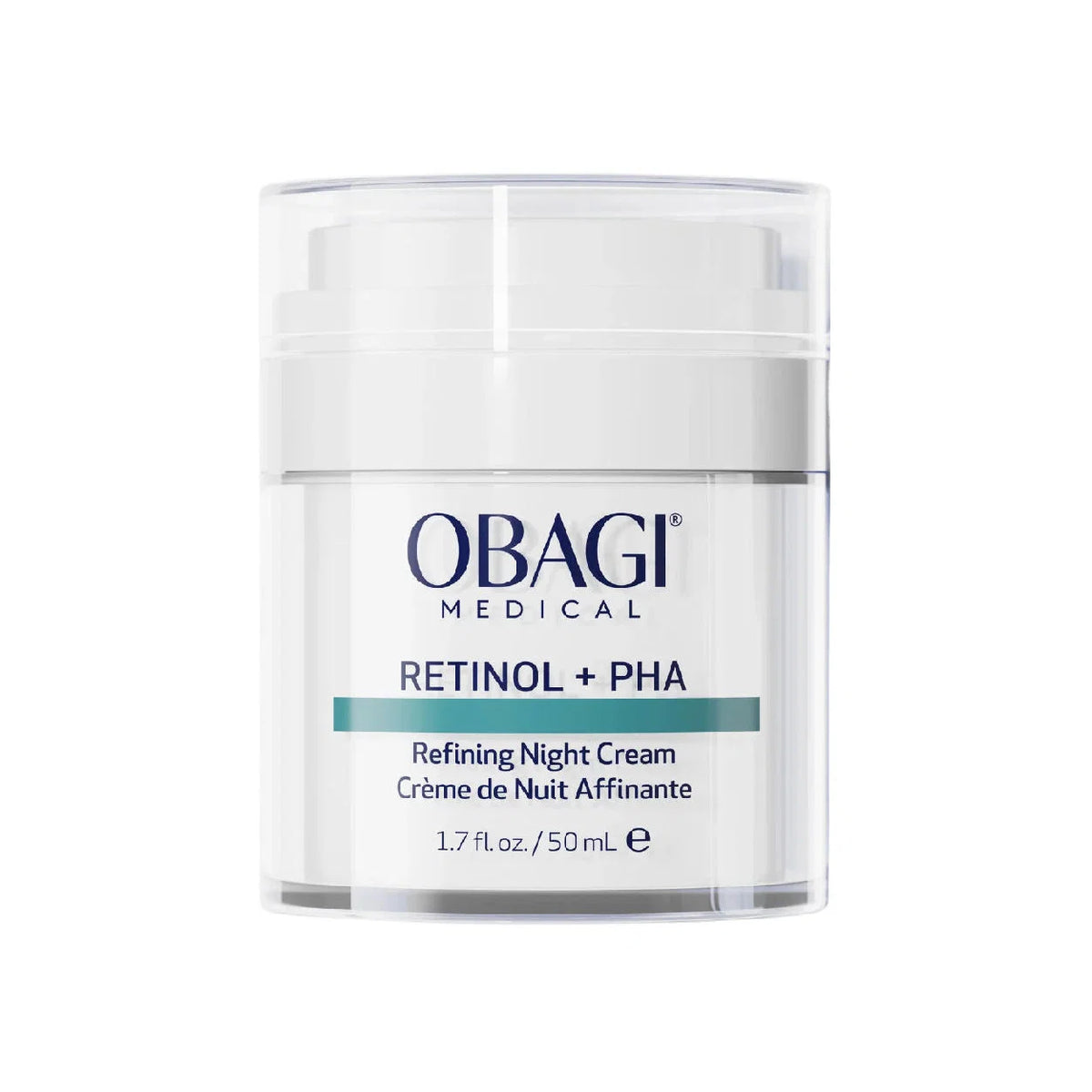 Obagi Medical Retinol + PHA refining night cream jar on a white background
