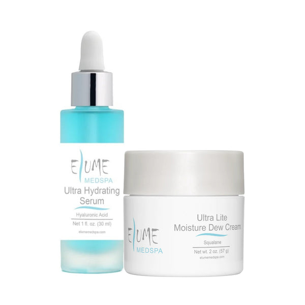 Elume Med Spa Ultra Hydrating Bundle with a blue hyaluronic acid serum bottle and a white moisture dew cream jar.