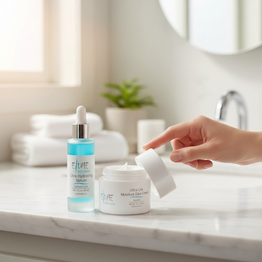 Elume Medspa Ultra Hydrating Bundle with serum and moisture cream on a marble bathroom vanity.