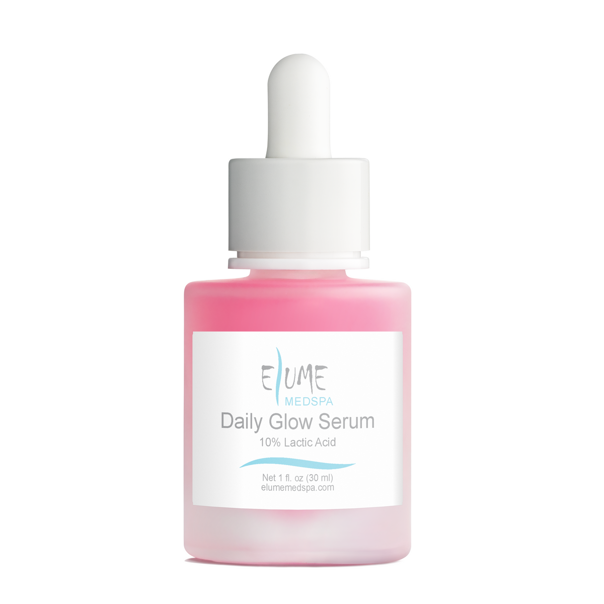 Elume Medspa Lactic Acid Resurfacing Serum in a pink frosted glass bottle with a white dropper cap.