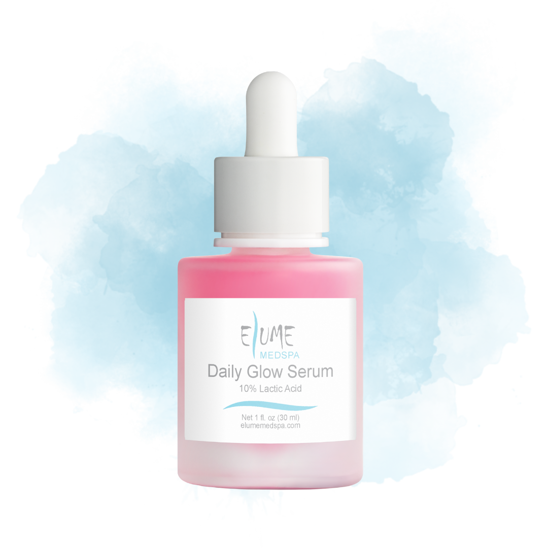 Elume Medspa Lactic Acid Resurfacing Serum in a pink frosted glass bottle with a white dropper cap.