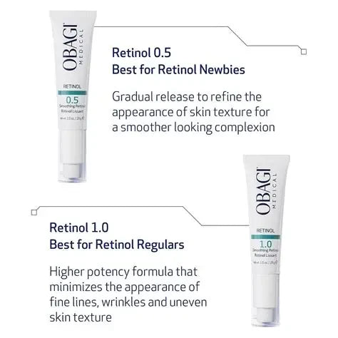 Elume Medspa comparison of Obagi Retinol 0.5 for beginners and Retinol 1.0 for experienced users in white tubes.