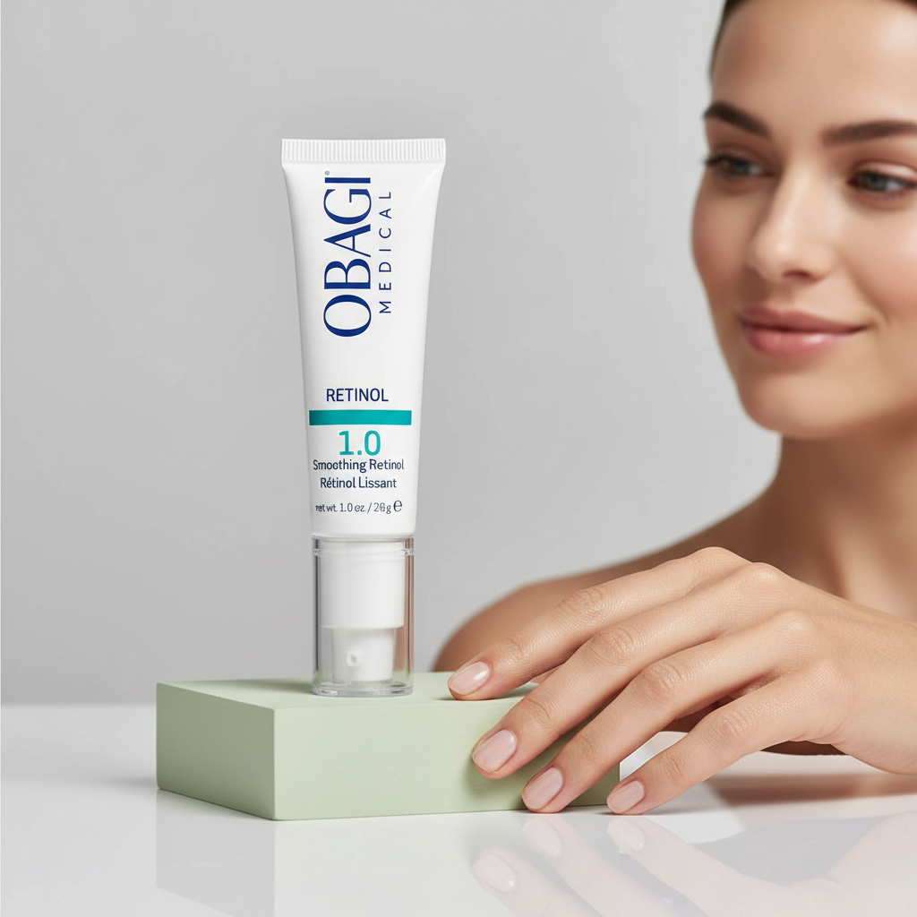 Elume Medspa Obagi Retinol 1.0 serum tube standing on a green block with a woman smiling in the background