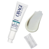 Elume Med Spa Obagi Retinol 1.0 anti-aging serum tube with a white cream swatch on a white background.