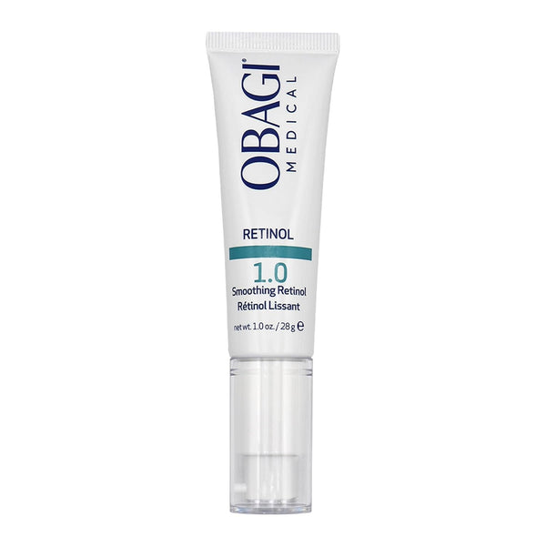 Elume Med Spa Obagi Retinol 1.0 high-strength anti-aging serum in a white squeeze tube with a clear pump cap.