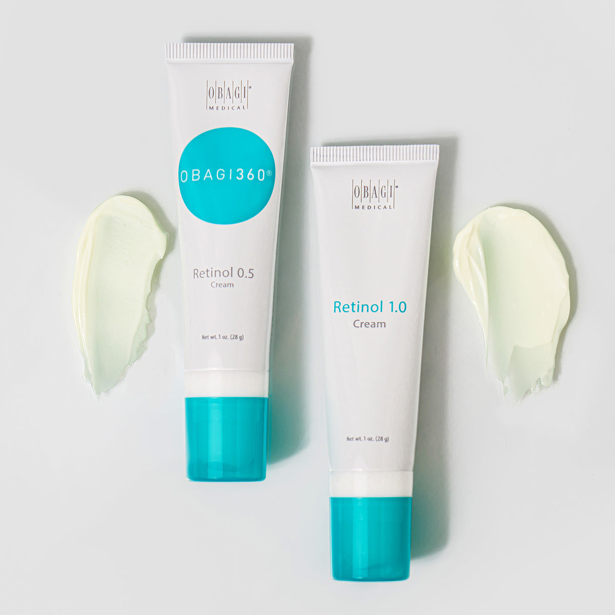 Elume Medspa Obagi360 Retinol 0.5 and 1.0 cream tubes with product swatches on a white background