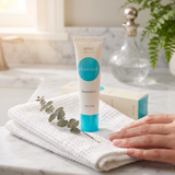 Elume Med Spa Obagi360 Retinol 0.5 cream tube on a white towel with a sprig of eucalyptus on a marble countertop.