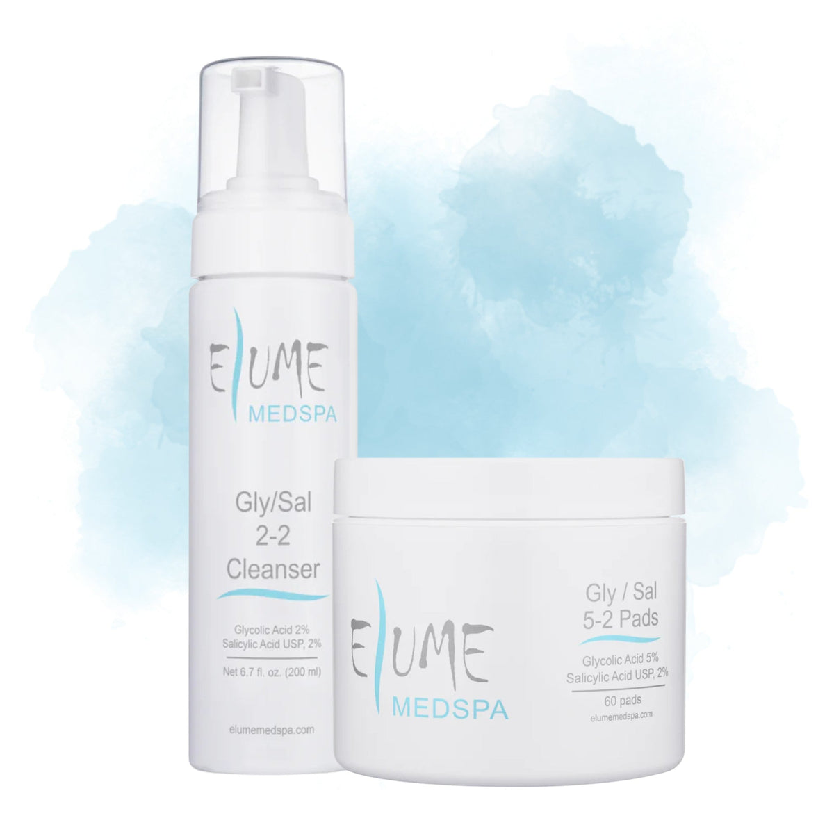 Elume Medspa Porefect Pair Bundle featuring Gly/Sal 2-2 Cleanser and Gly/Sal 5-2 exfoliating pads for acne-prone skin.