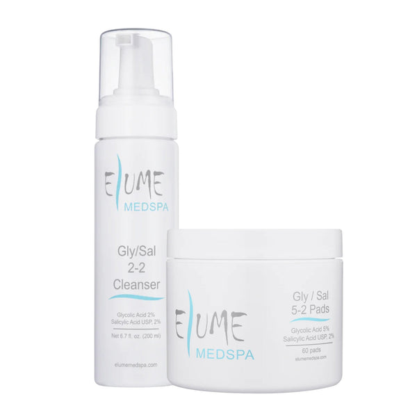 Elume Med Spa Porefect Pair Bundle with Gly/Sal 2-2 Cleanser and 5-2 exfoliating pads for acne-prone skin.