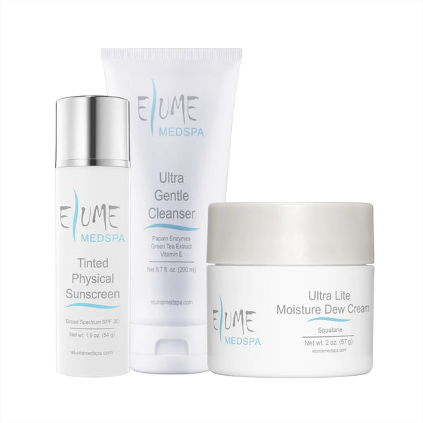 Elume Med Spa Everyday Essentials Bundle featuring a gentle cleanser, moisture cream, and tinted mineral sunscreen.