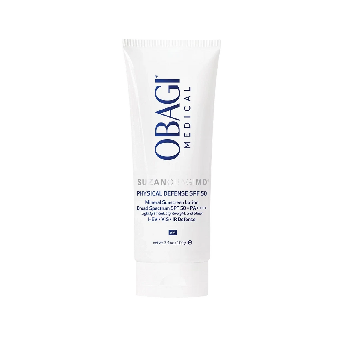 Elume Medspa SUZANOBAGIMD Tinted Physical Defense SPF 50 mineral sunscreen lotion in a white squeeze tube.