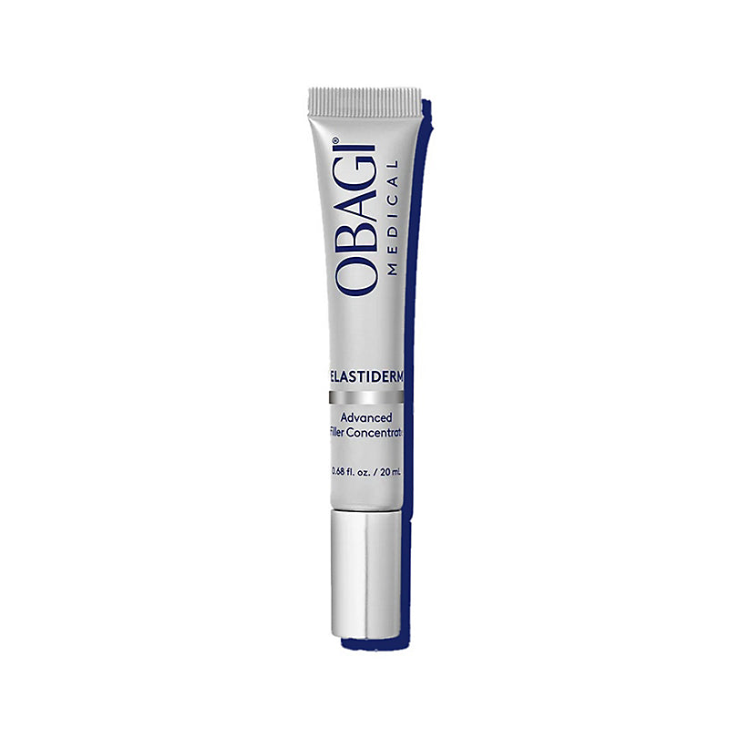 A single tube of Obagi Medical Elastiderm Advanced Retinol Concentration cream, featuring a metallic silver body with dark blue text and a blue side accent, set against a plain white background.